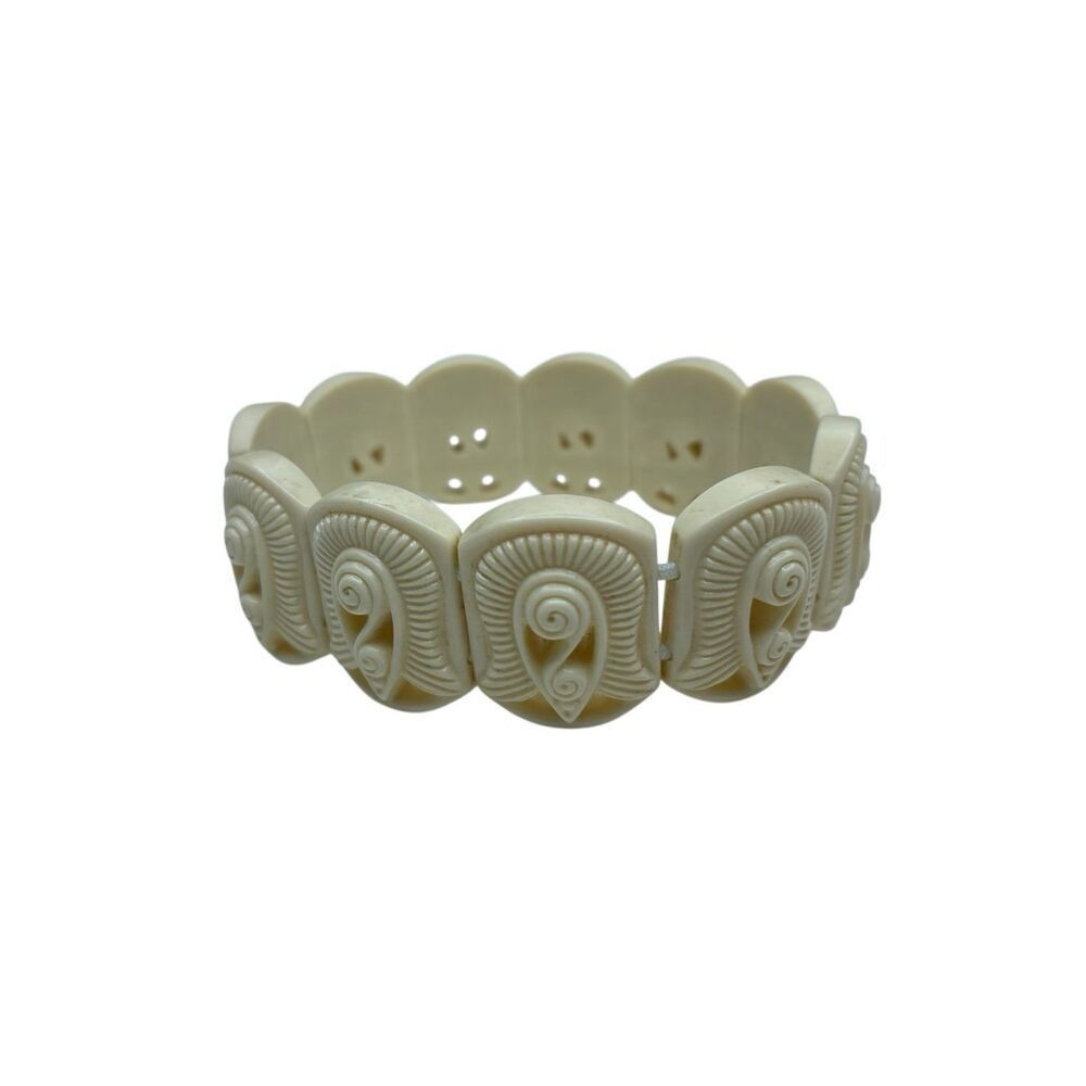 Vintage Faux Ivory Carved Stretch Bracelet Tribal Boho Panel Design Jewelry 7in